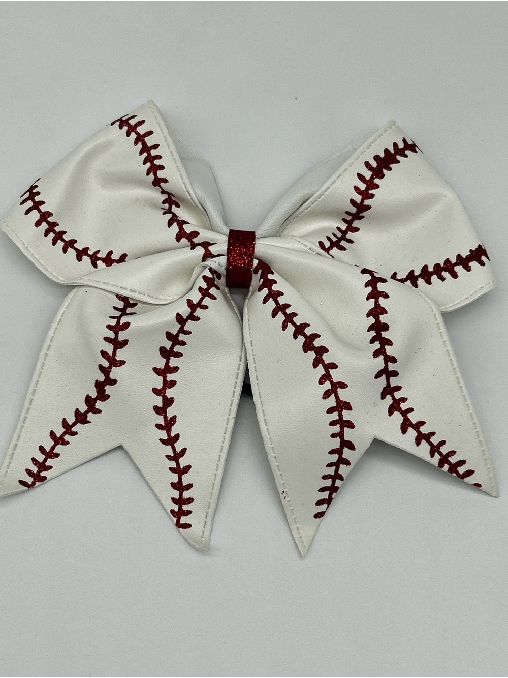 White Baseball Stitch Hair Bow with Red Detail - Girls Sports Hair Accessory